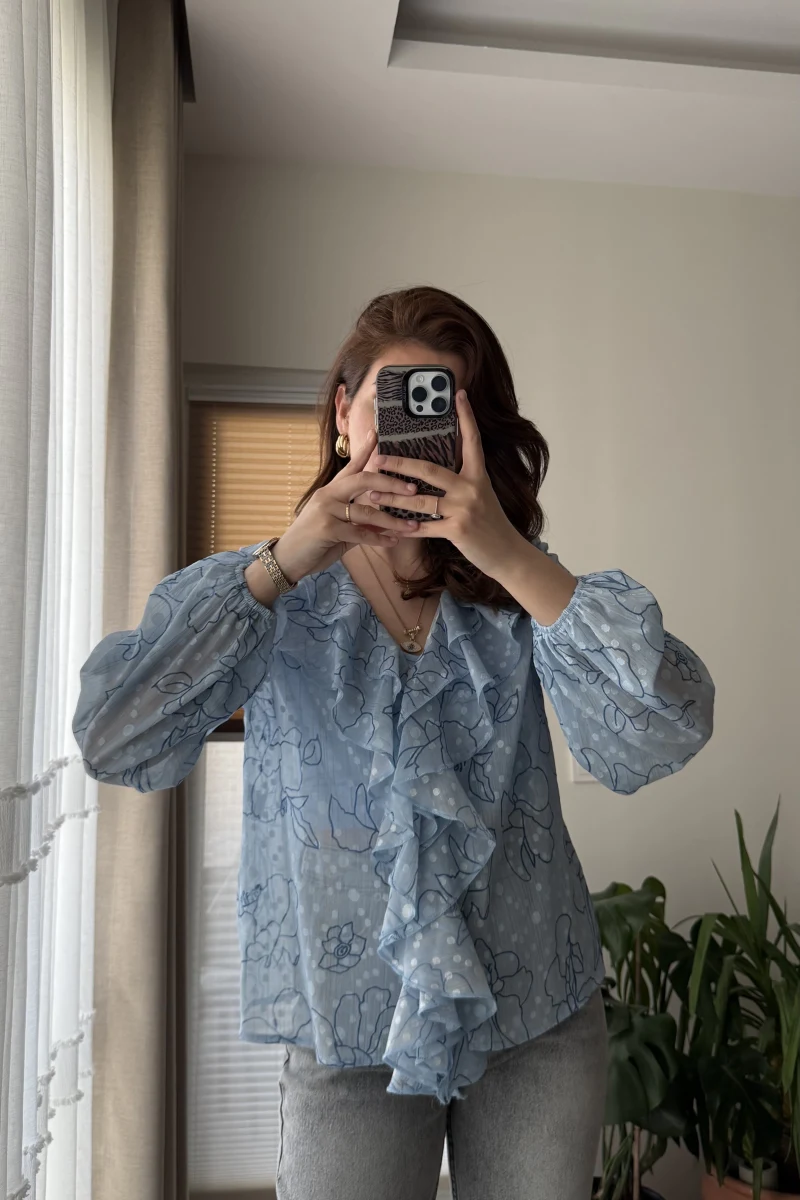 Şifon Fırfır Detay Bluz Mavi