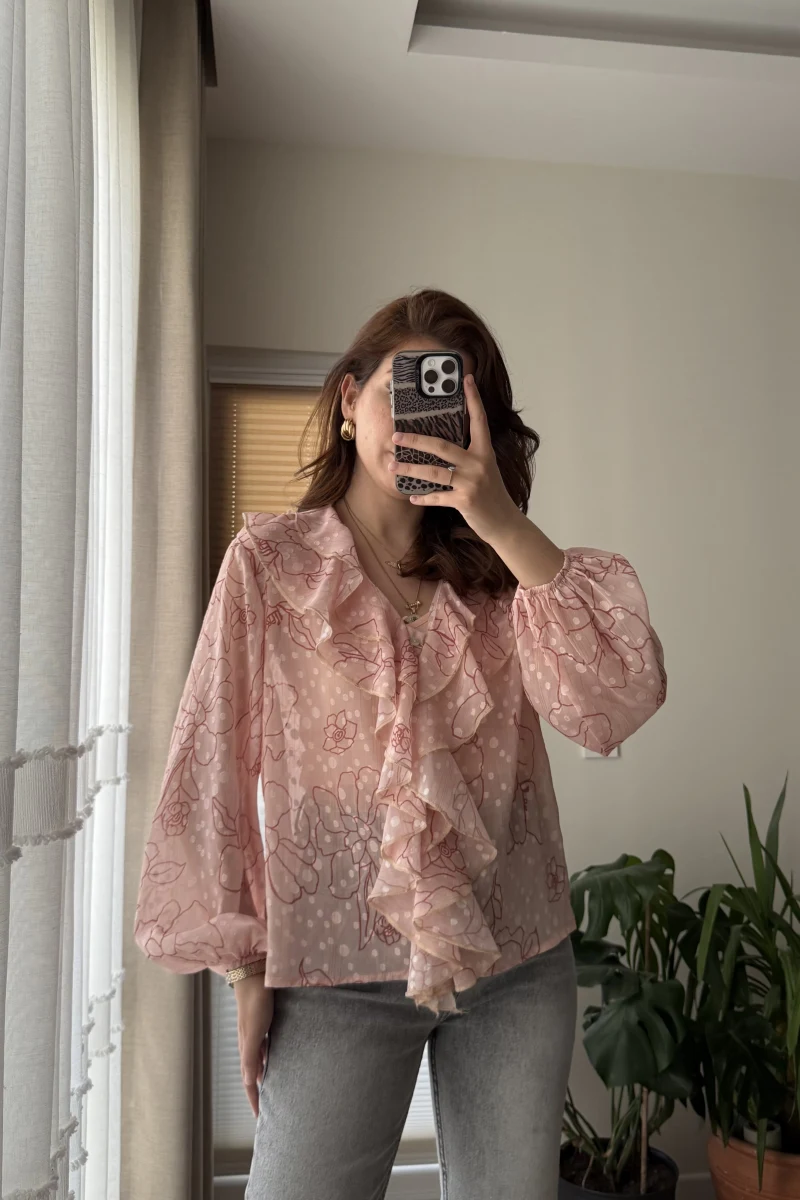 Şifon Fırfır Detay Bluz Pembe