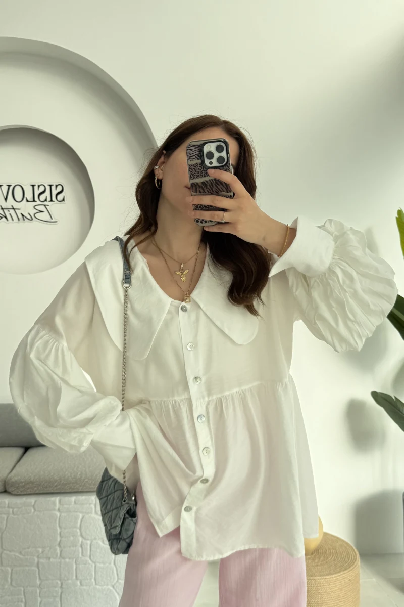 Bebe Yaka Şifon Gömlek - 252 -2017 - Beyaz