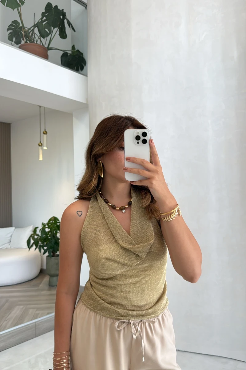 Simli Boyundan Geçmeli Bluz - Gold - Kod: 2809