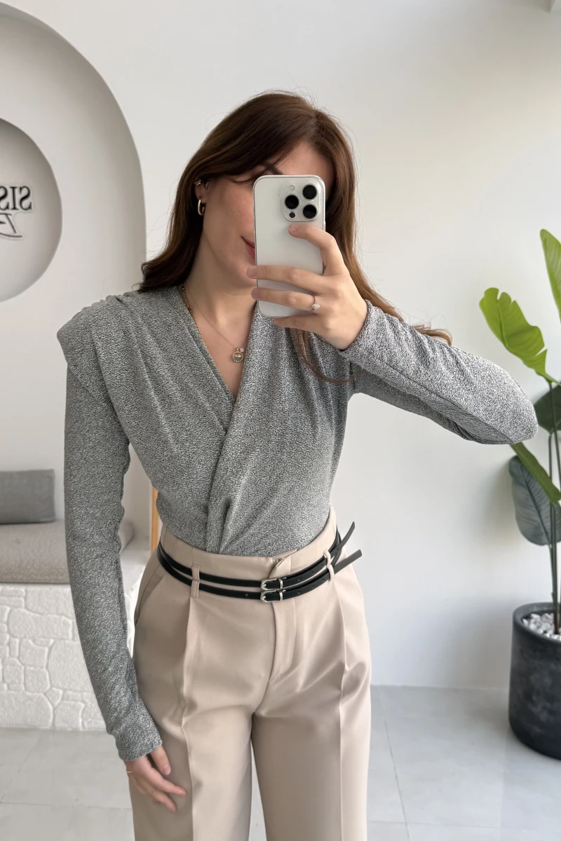 Simli Vatkalı Uzun Kol Zıbın Bluz - Gri