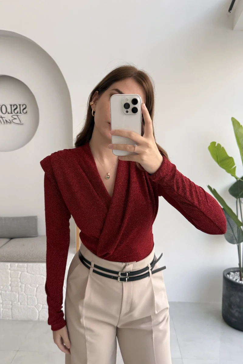 Simli Vatkalı Uzun Kol Zıbın Bluz - Kırmızı