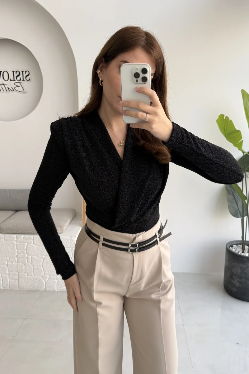 Simli Vatkalı Uzun Kol Zıbın Bluz - Siyah