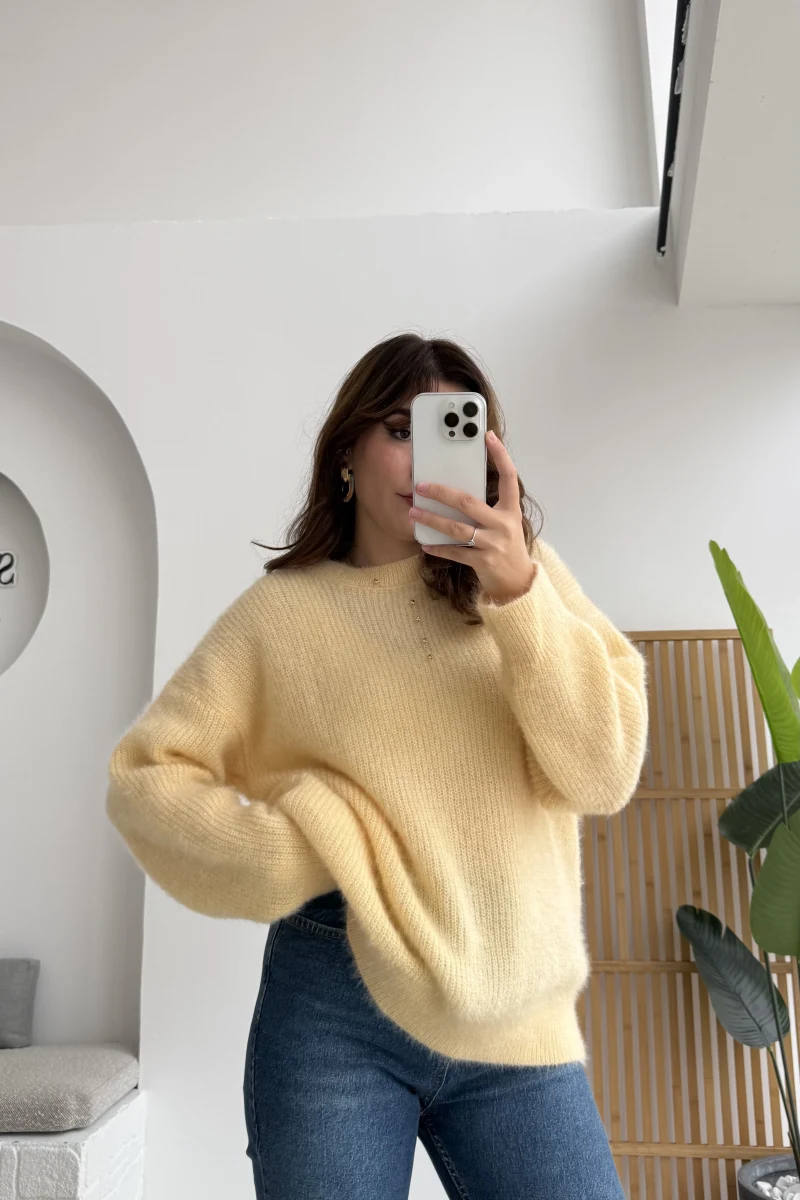 Simli Yün Kazak - Açık Sarı