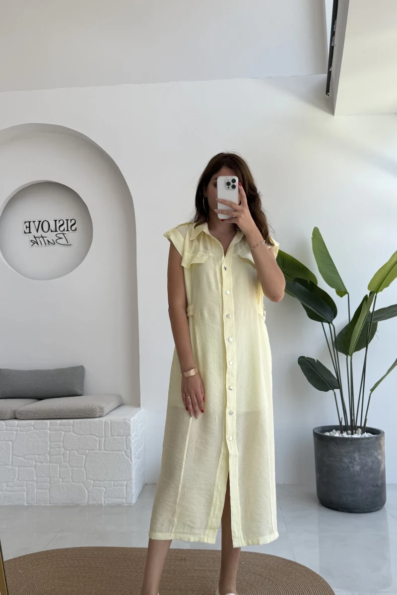 Sindy Kemer Detaylı Bürümcük Elbise - Sarı - 6012