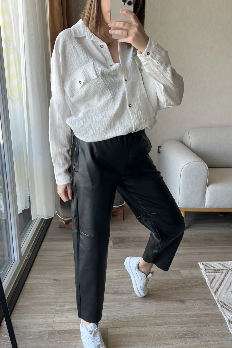 Siyah Beli Lastikli Deri Pantolon