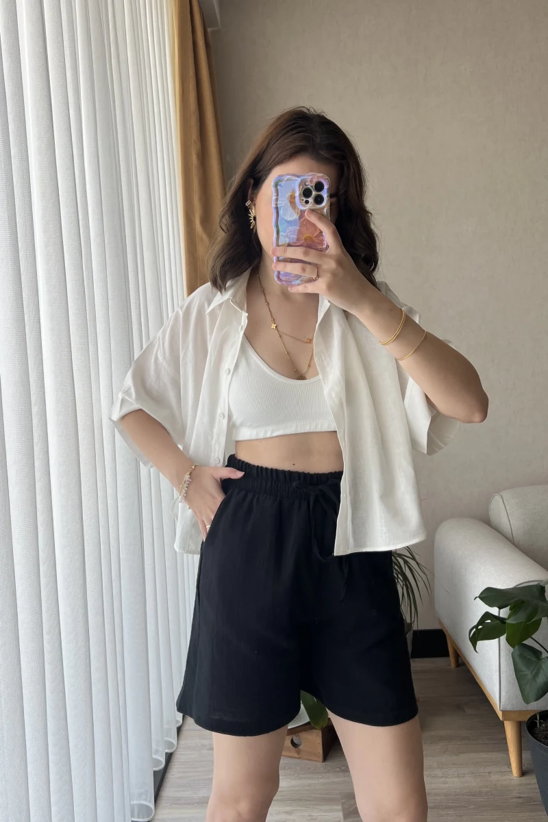 Siyah Müslin Kumaş Lastikli Şort