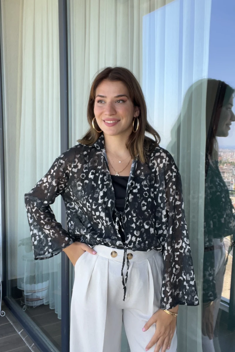 Siyah Leopar Model Transparan Gömlek