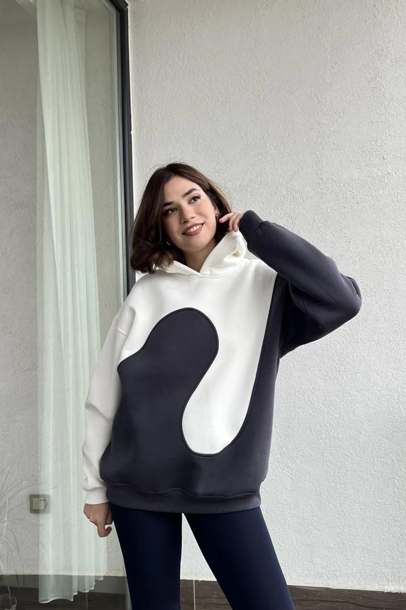 Sky Beyaz-Antrasit 3 İplik Polarlı Sweat