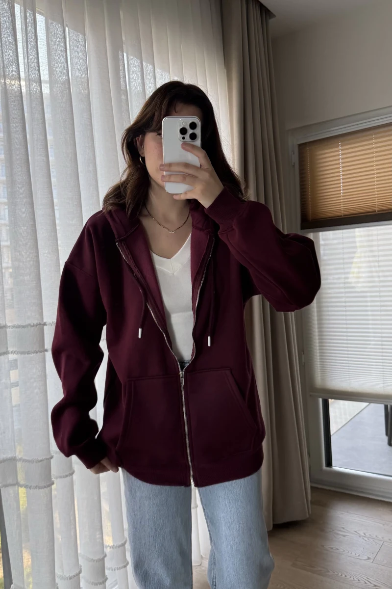 Snw Kapüşonlu Şardonlu Hırka Bordo