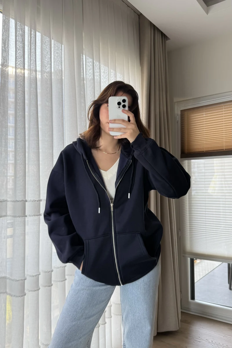 Snw Kapüşonlu Şardonlu Hırka Lacivert