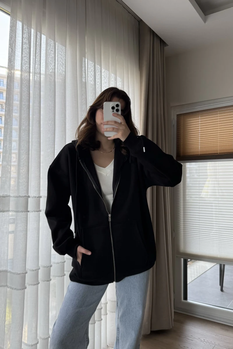 Snw Kapüşonlu Şardonlu Hırka Siyah