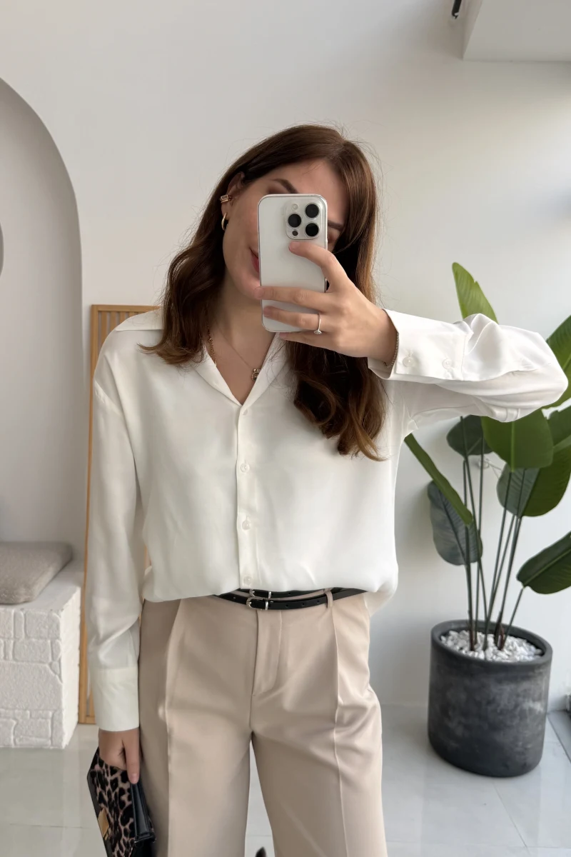 Sofia Dökümlü Saten Gömlek - Beyaz