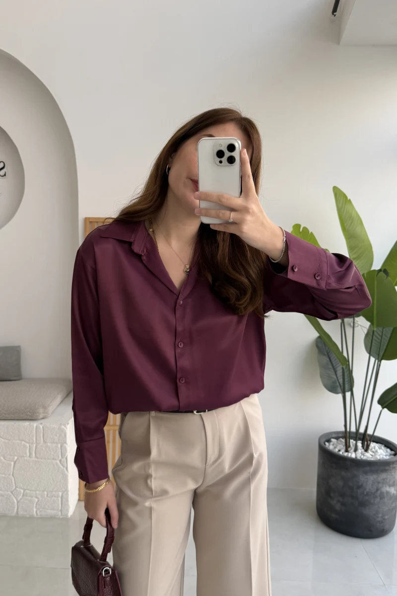 Sofia Dökümlü Saten Gömlek - Mürdüm