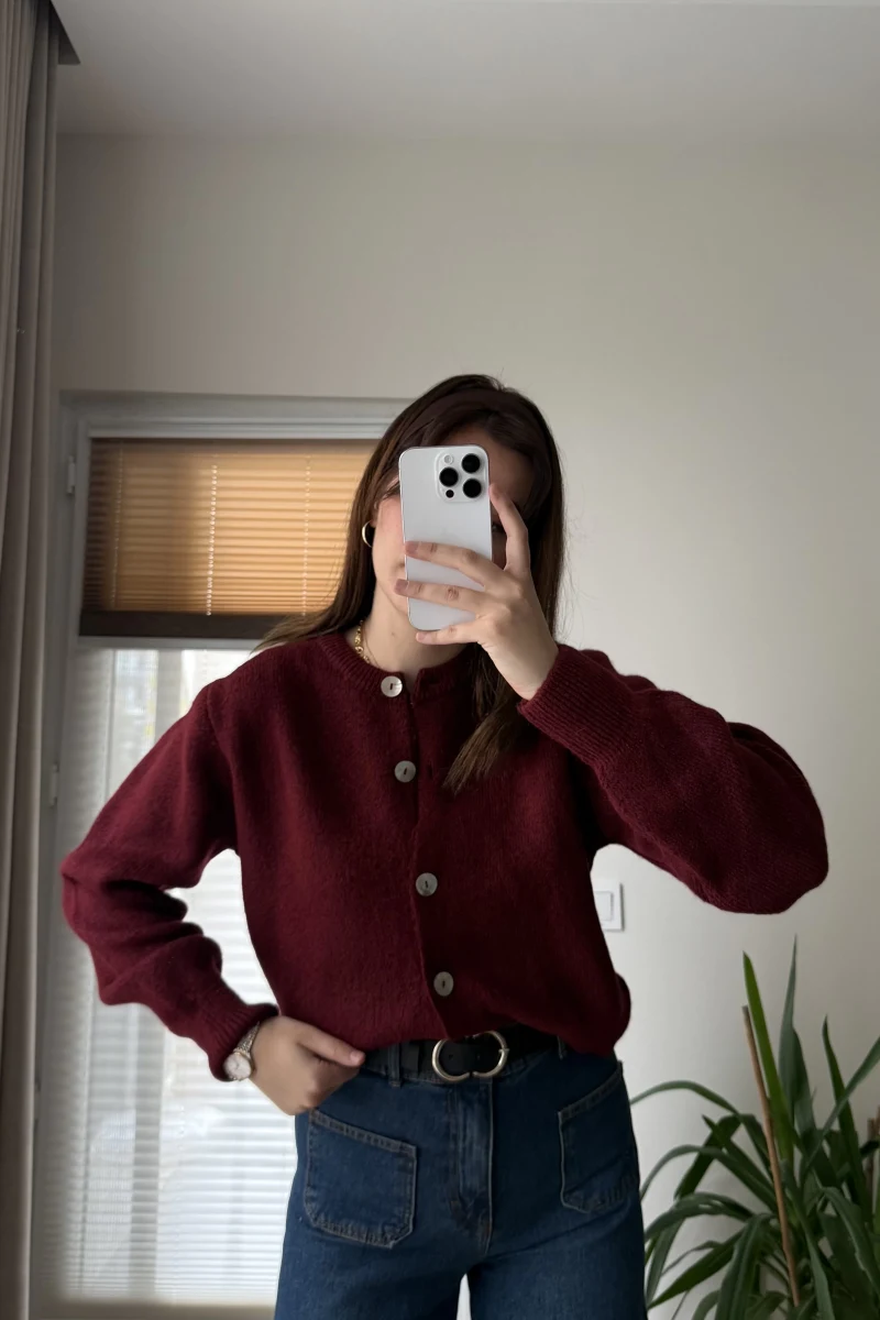 Sofia Düğmeli Triko Hırka Bordo