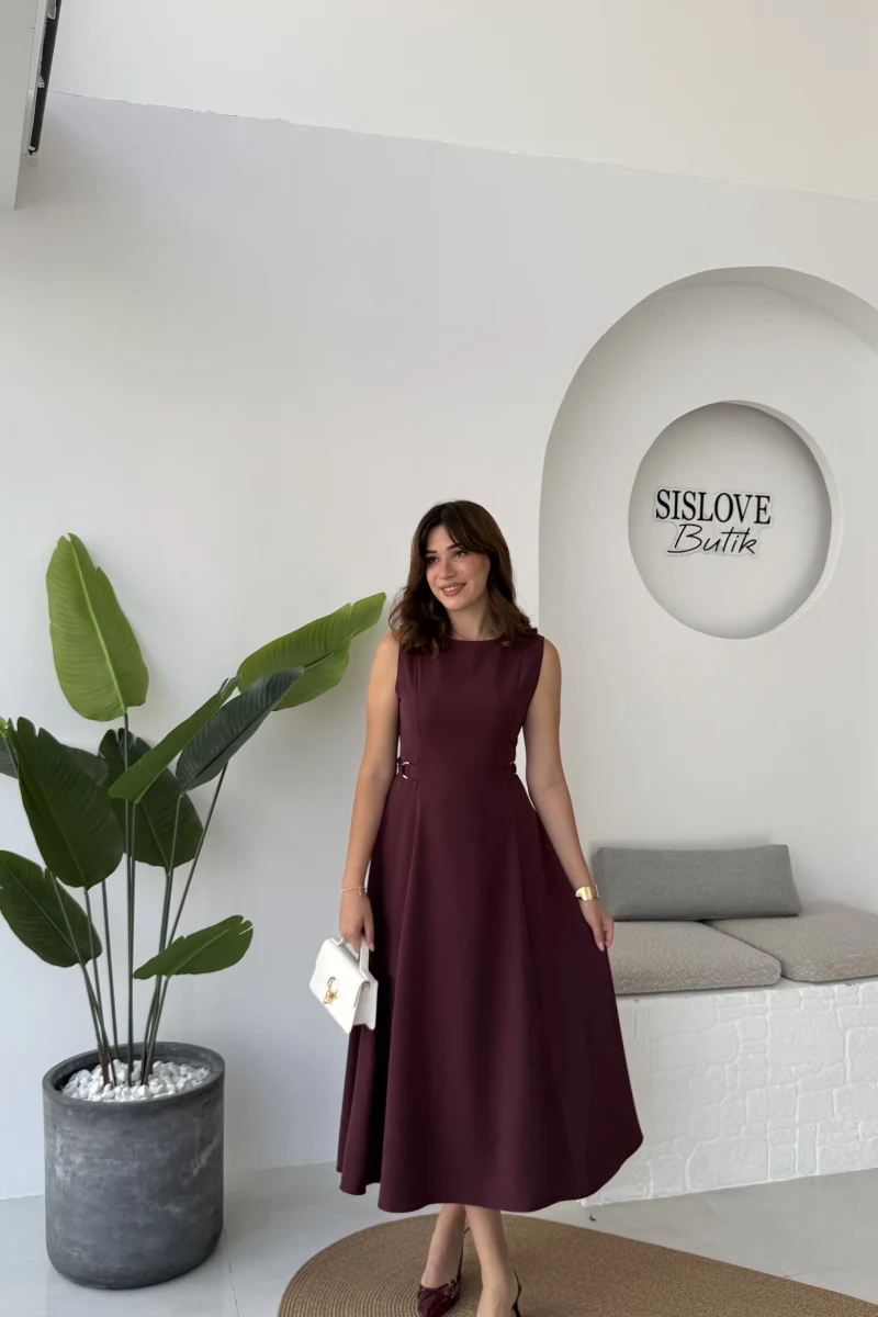 Sophia Parçalı Kemer Detaylı Elbise - Bordo - Kod: 2313