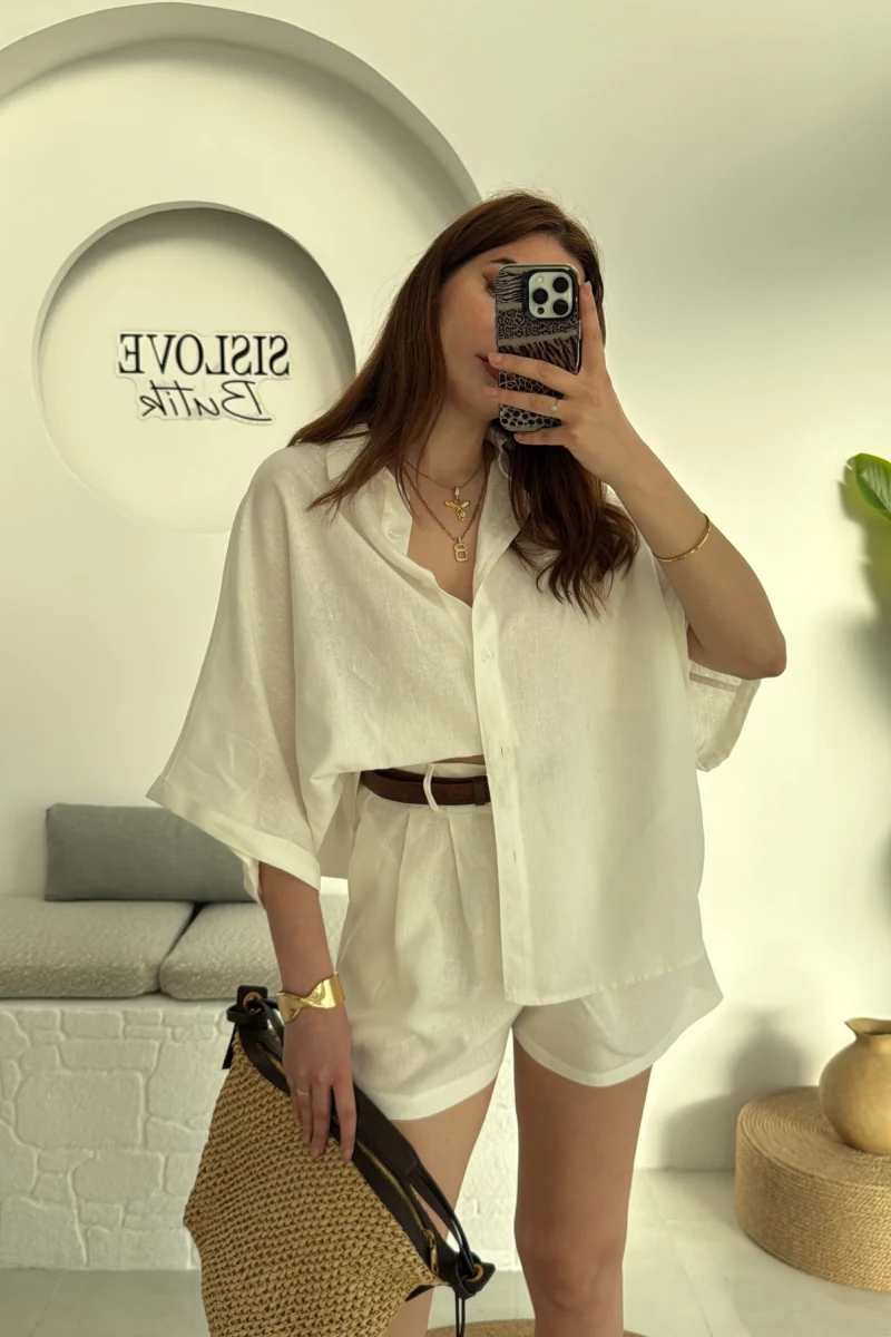 Şort Gömlek Keten Takım Beyaz