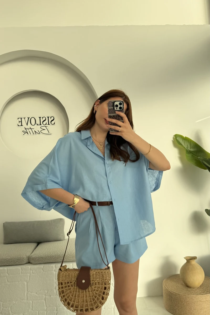 Şort Gömlek Keten Takım Mavi