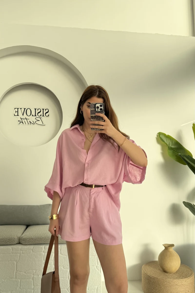 Şort Gömlek Keten Takım Pembe