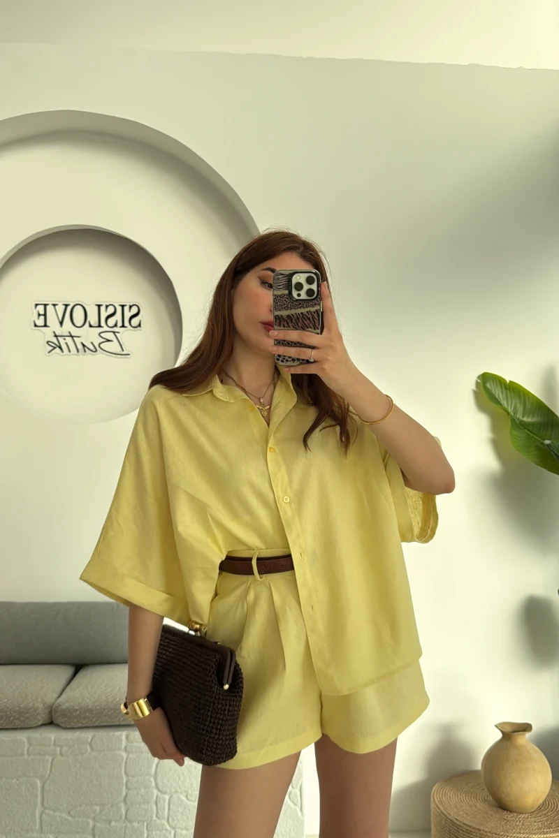 Şort Gömlek Keten Takım Sarı