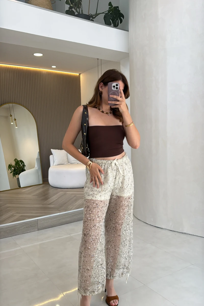 Şortlu Pullu Pantolon - Ekru - Kod: 8027