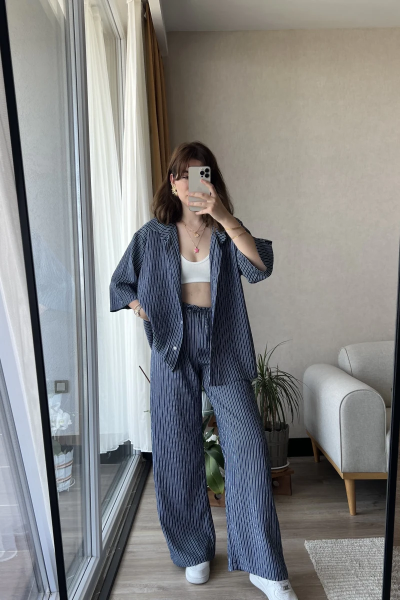 Star Çizgili Lacivert Gömlek Pantolon Takım