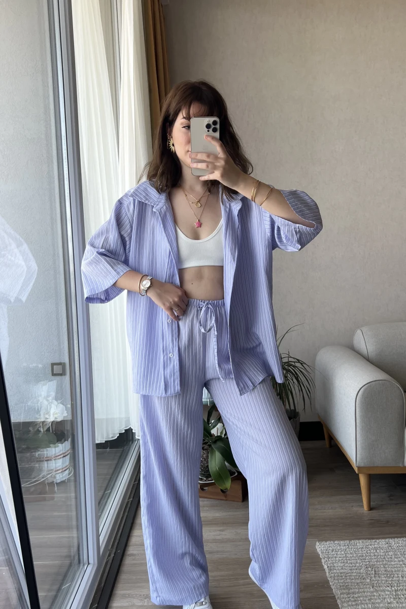 Star Çizgili Lila Gömlek Pantolon Takım