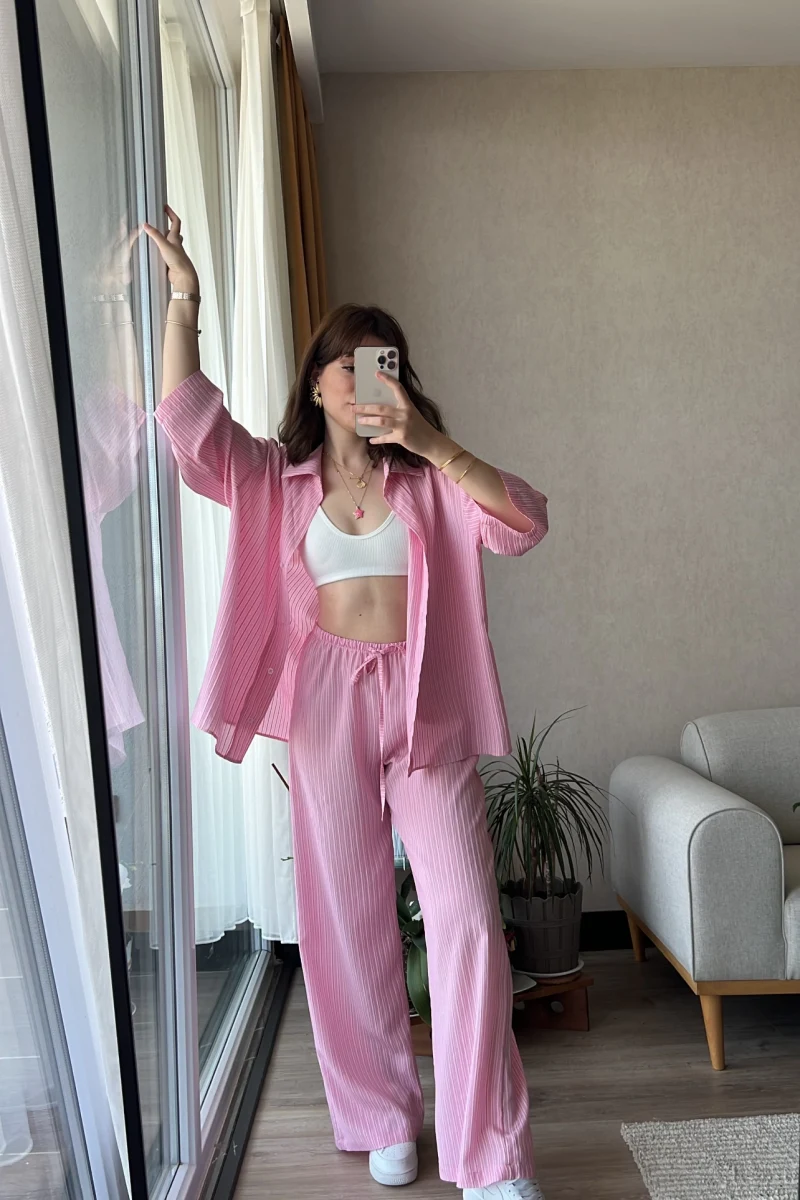 Star Çizgili Pembe Gömlek Pantolon Takım