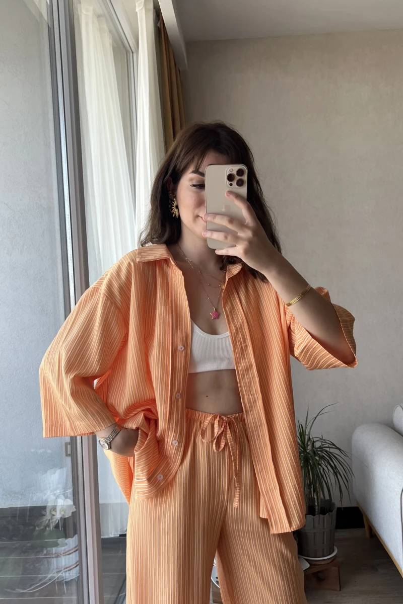Star Çizgili Turuncu Gömlek Pantolon Takım
