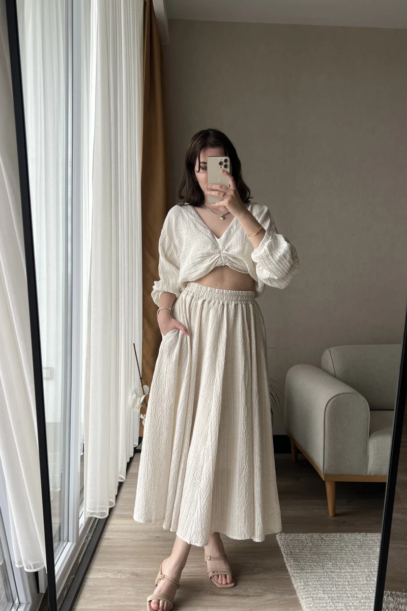 Star Kırık Beyaz Uzun Cepli Etek