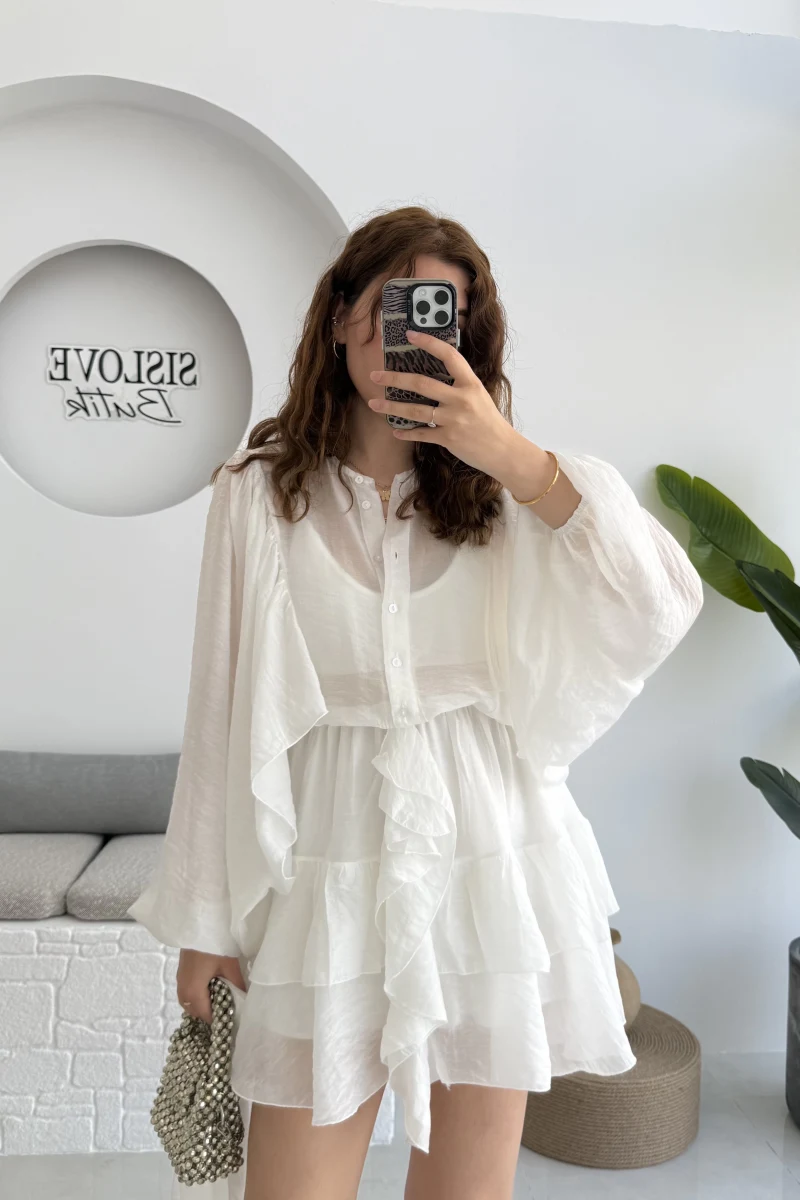 Star Kuşaklı Elbise - Beyaz - 205164