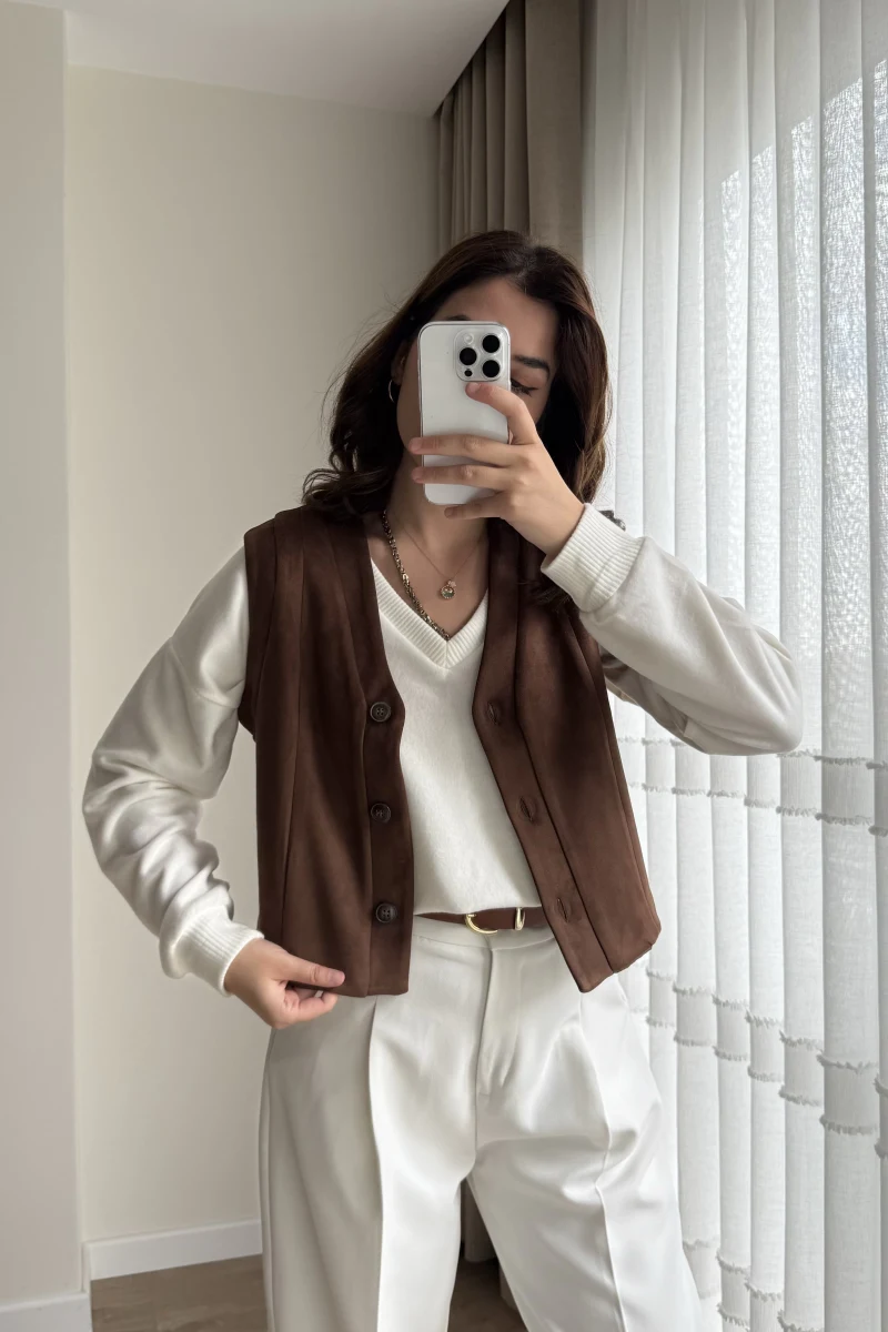 Süet Acı Kahve Yelek Astarlı