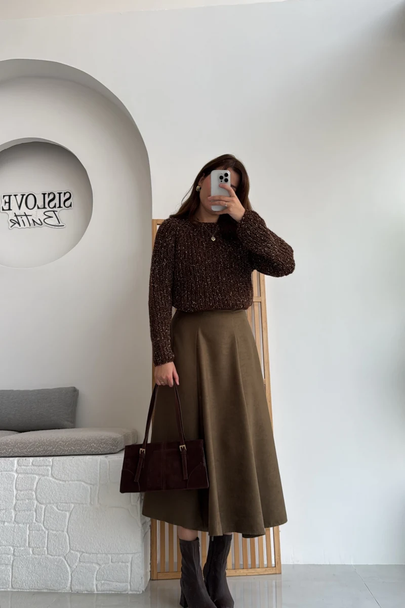 Süet Midi Etek Haki