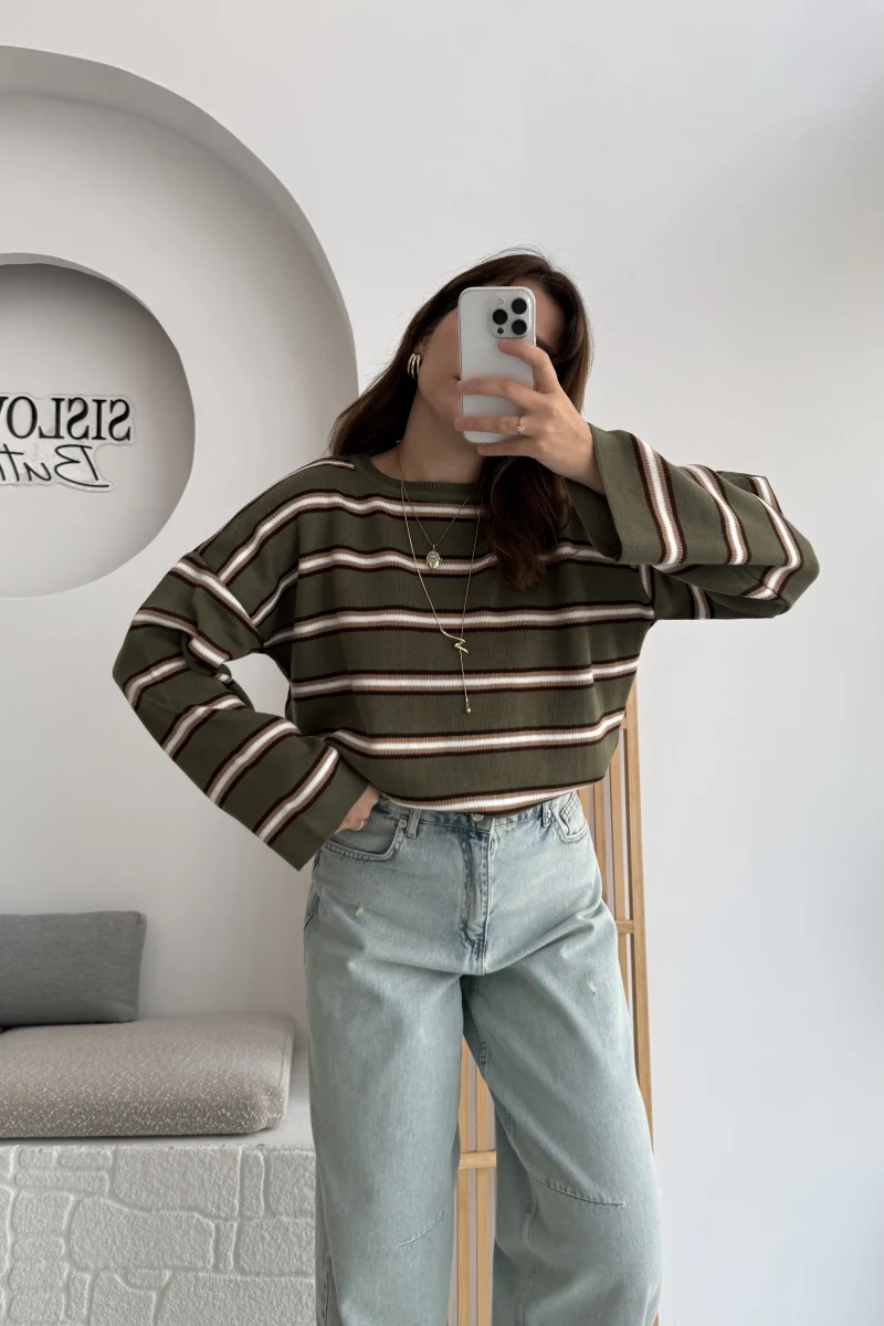 Sugar Çizgili Kazak Bisiklet Yaka Haki