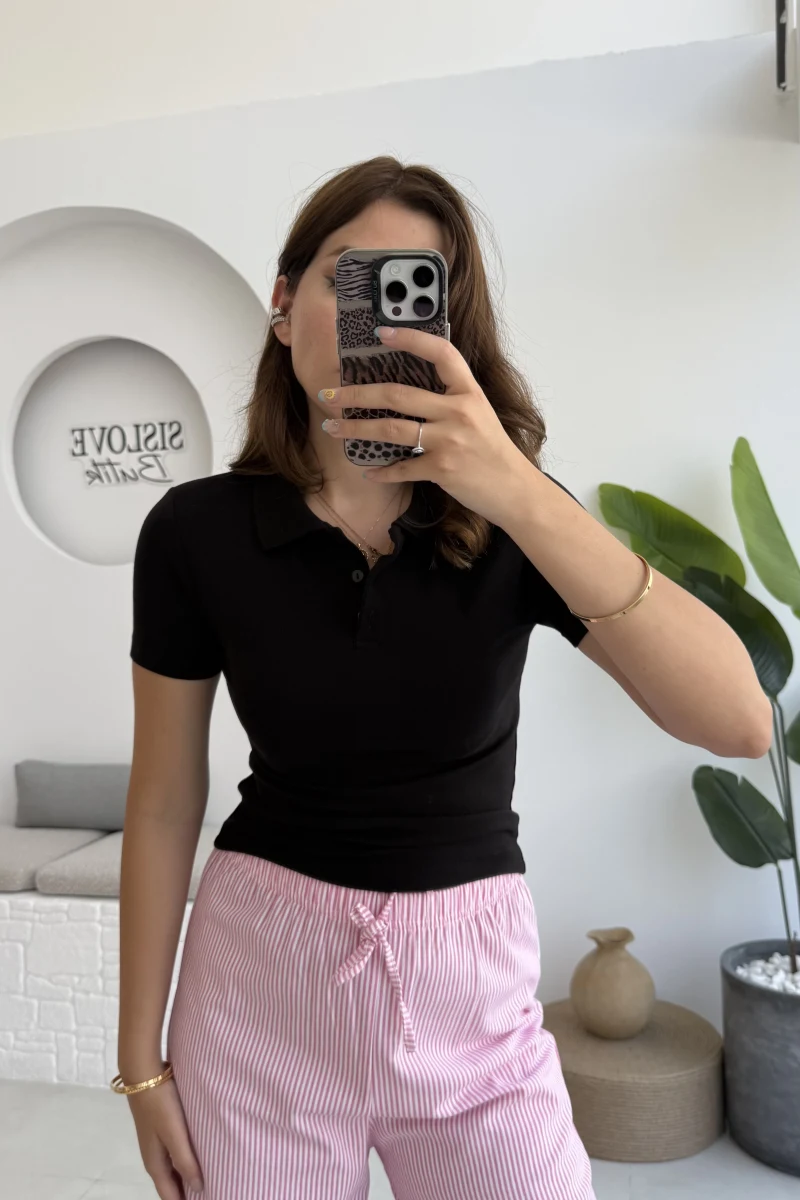 Sugar Polo Yaka Kısa T-shirt - Siyah