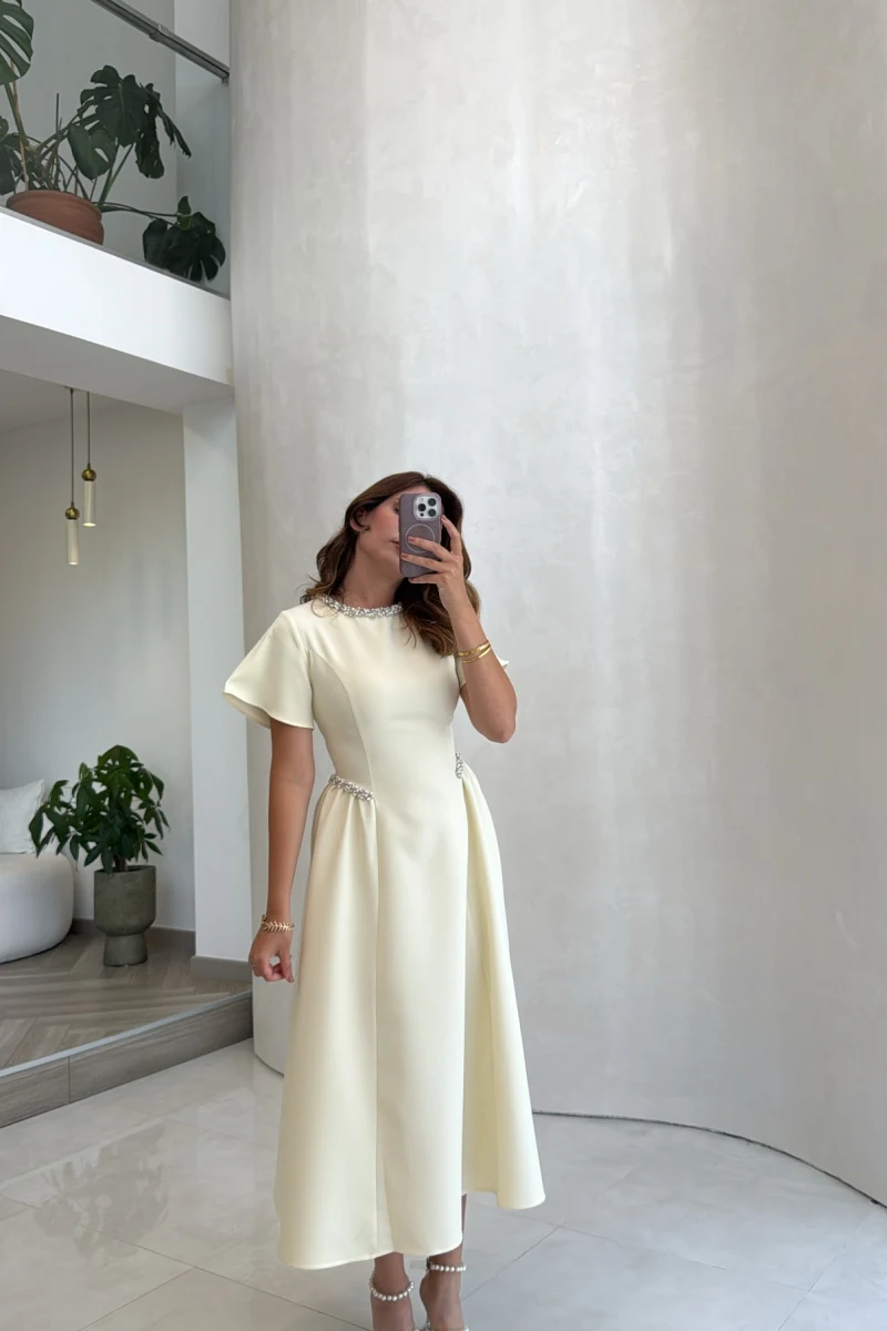 Taş Detay Midi Boy Elbise - Açık Sarı - Kod: 3220