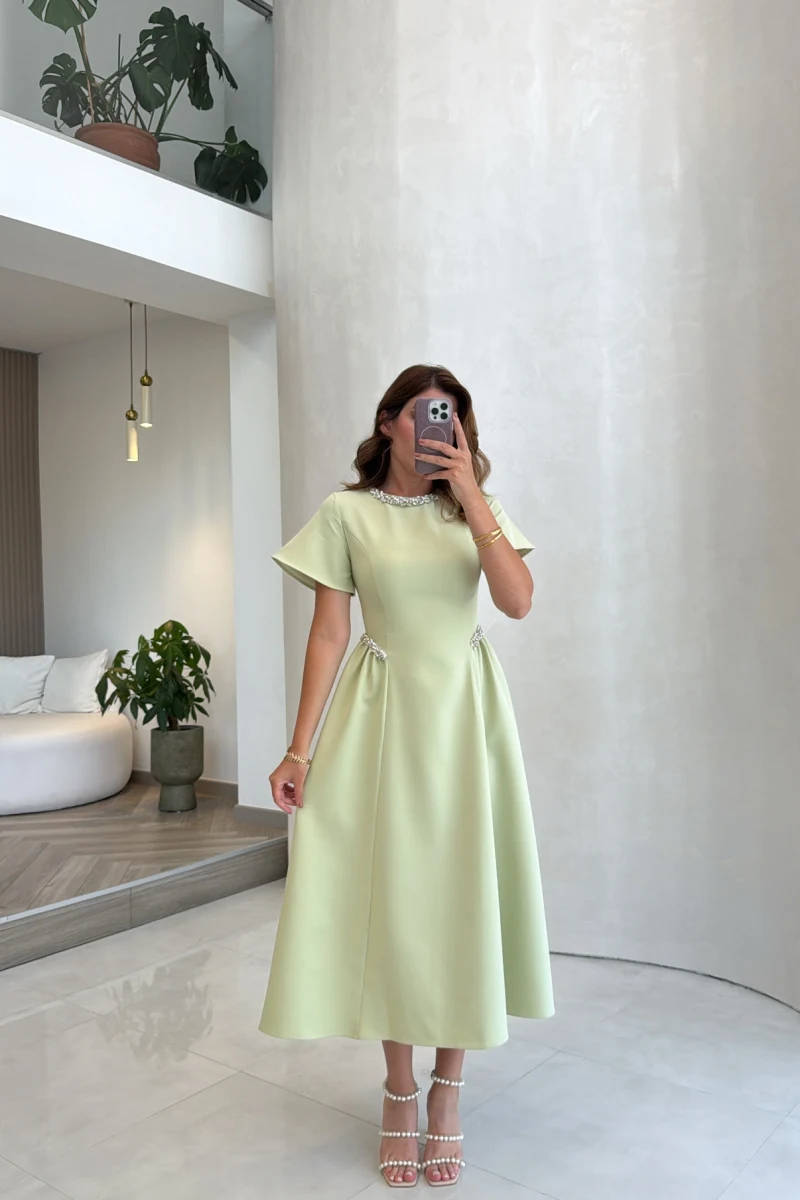 Taş Detay Midi Boy Elbise - Mint - Kod: 3220