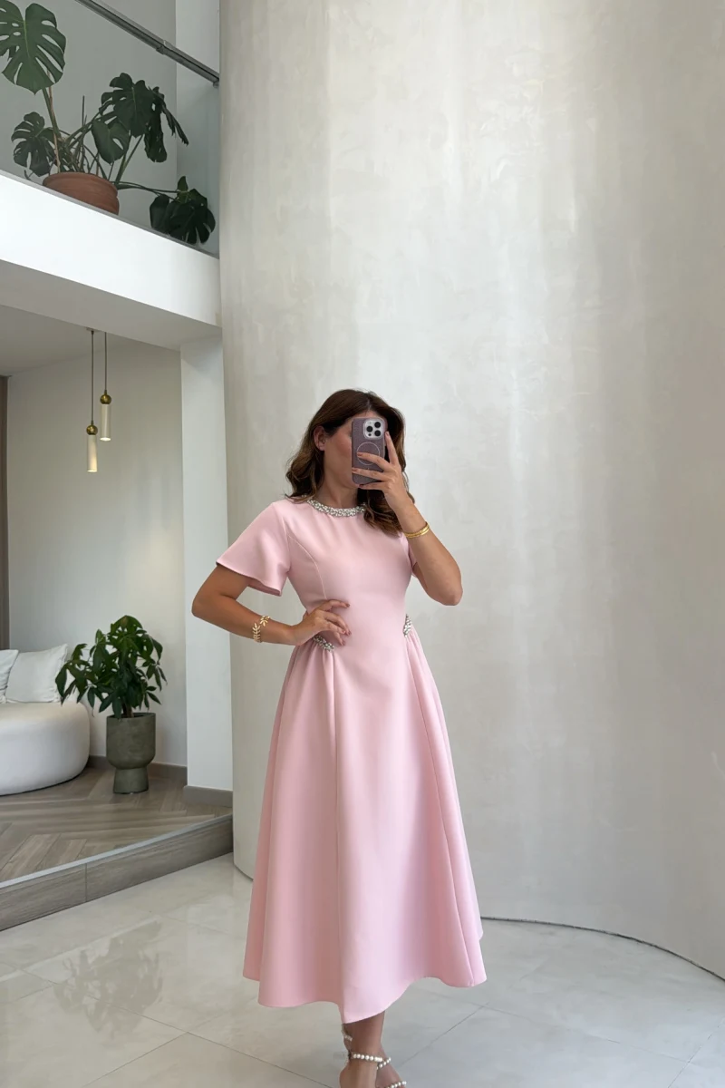 Taş Detay Midi Boy Elbise - Pembe - Kod: 3220
