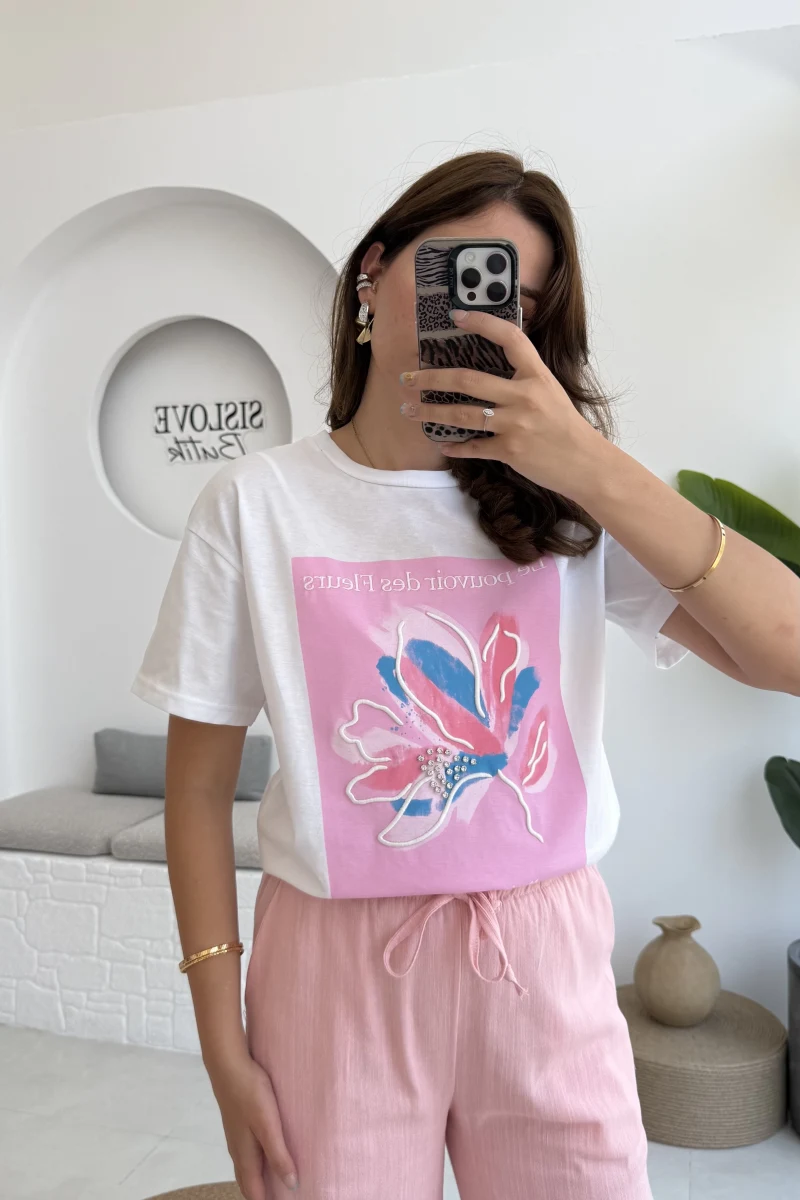 Taş İşlemeli Çiçekli T-shirt - Pembe