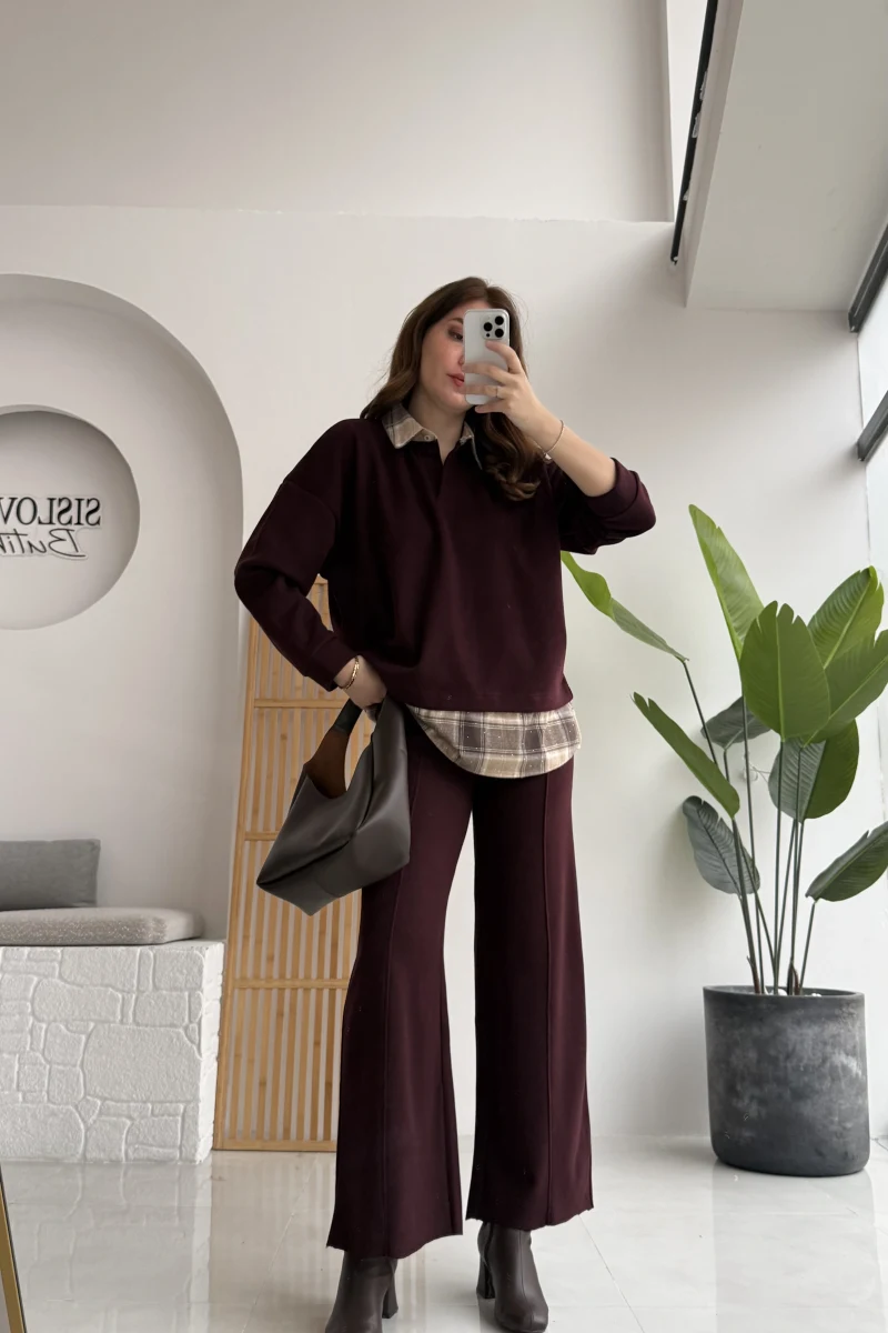 Taşlı Gömlek Detay Alt Üst Takım - Bordo - Kod: 1055-4028