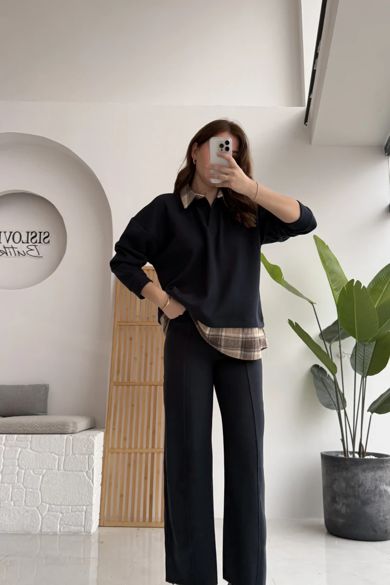 Taşlı Gömlek Detay Alt Üst Takım - Lacivert - Kod: 1055-4028