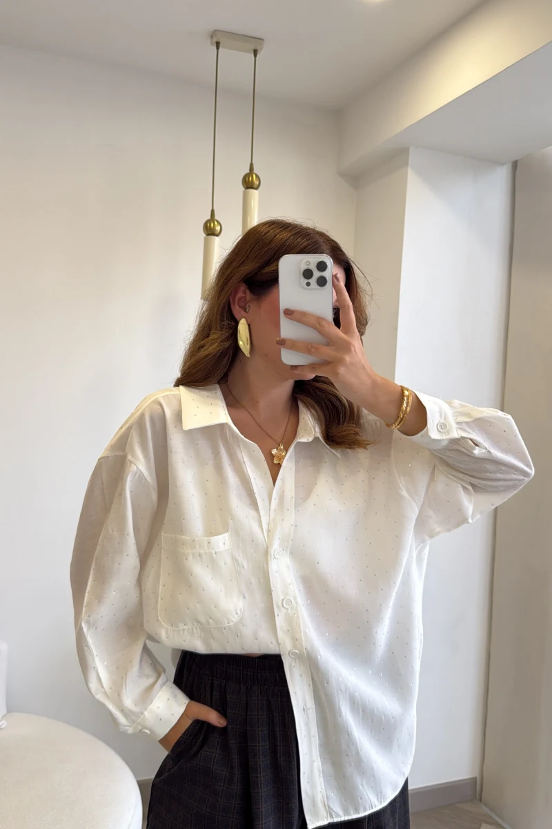 Taşlı Oversize Modal Gömlek - Beyaz - Kod: 5106