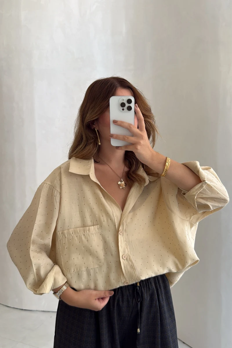 Taşlı Oversize Modal Gömlek - Gold - Kod: 5106