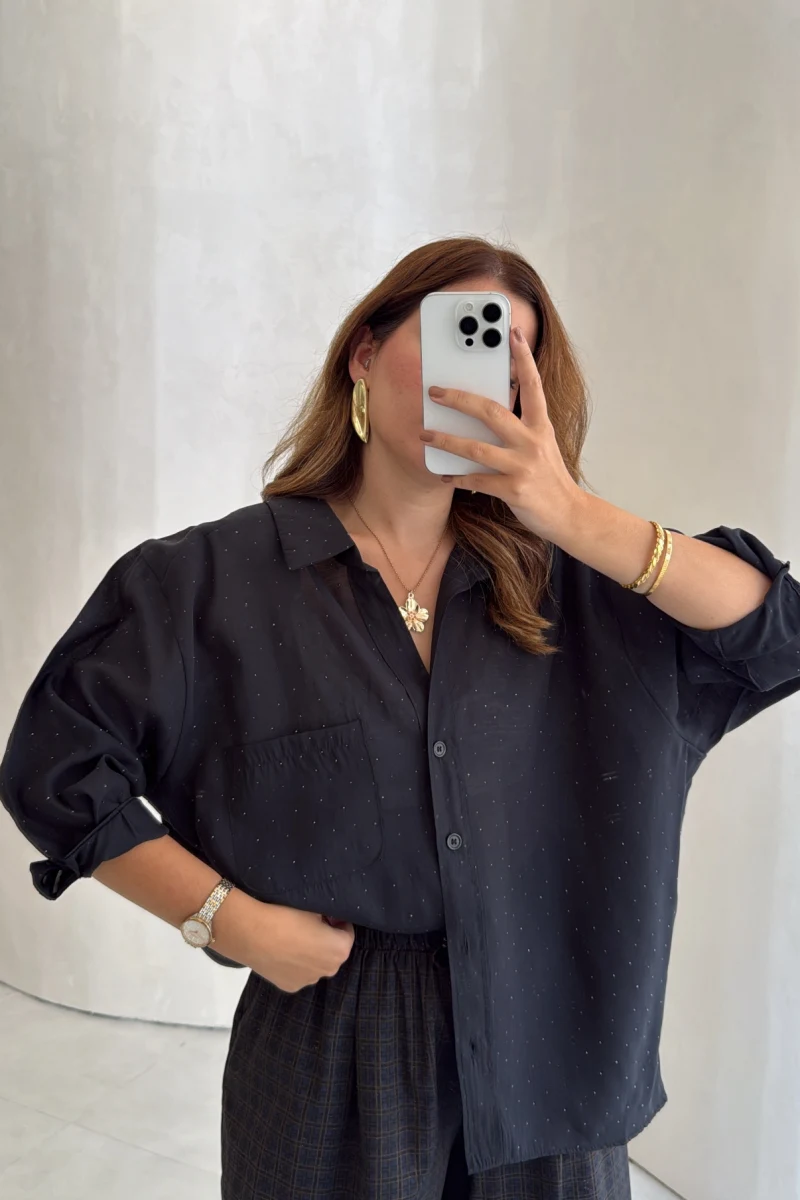 Taşlı Oversize Modal Gömlek - Siyah - Kod: 5106