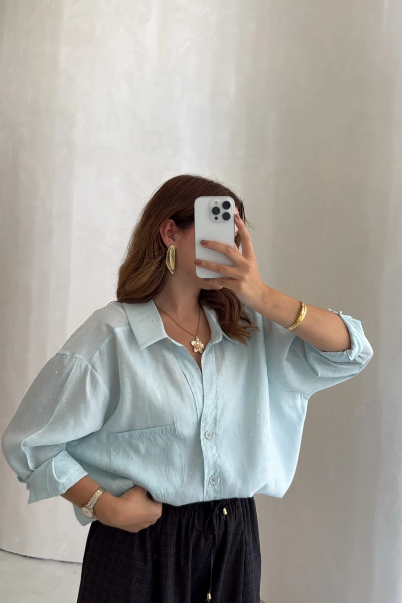 Taşlı Oversize Modal Gömlek - Turkuaz - Kod: 5106