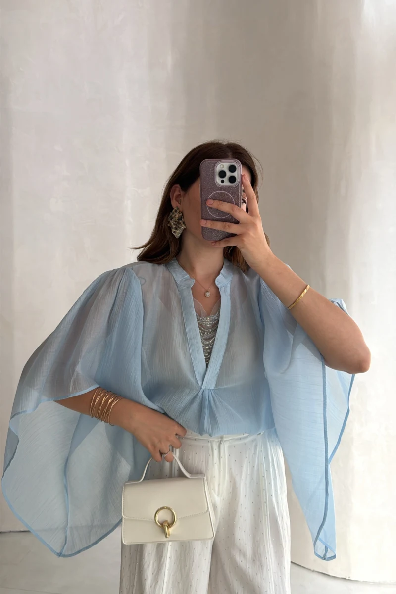 Taşlı Şifon Transparan Bluz - Mavi - Kod: 7839