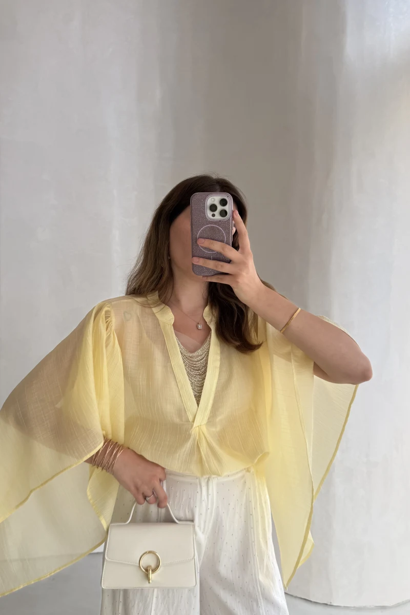 Taşlı Şifon Transparan Bluz - Sarı - Kod: 7839