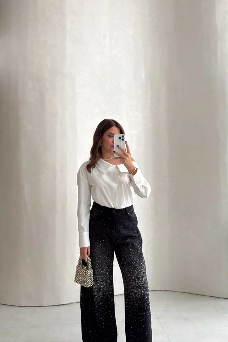 Taşlı Vintage Denim Pantolon - Siyah - Kod: 0108