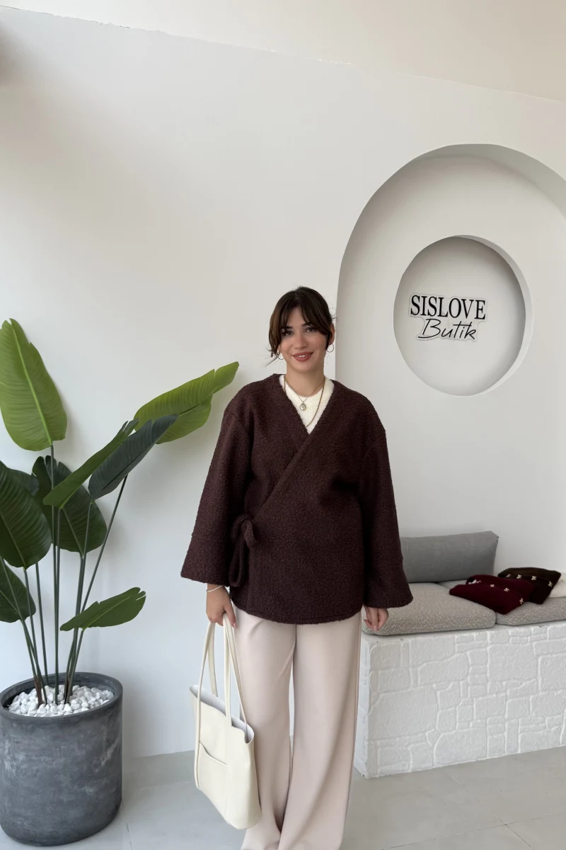 Teddy Kumaş Kimono - Kahve - Kod: 7020