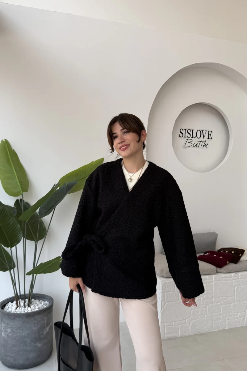 Teddy Kumaş Kimono - Siyah - Kod: 7020